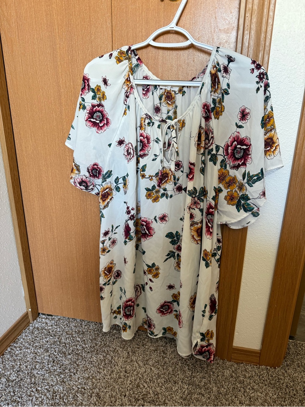 Cream Floral Tie-Neck Blouse with Pink & Mustard Blooms - Picture 2 of 5